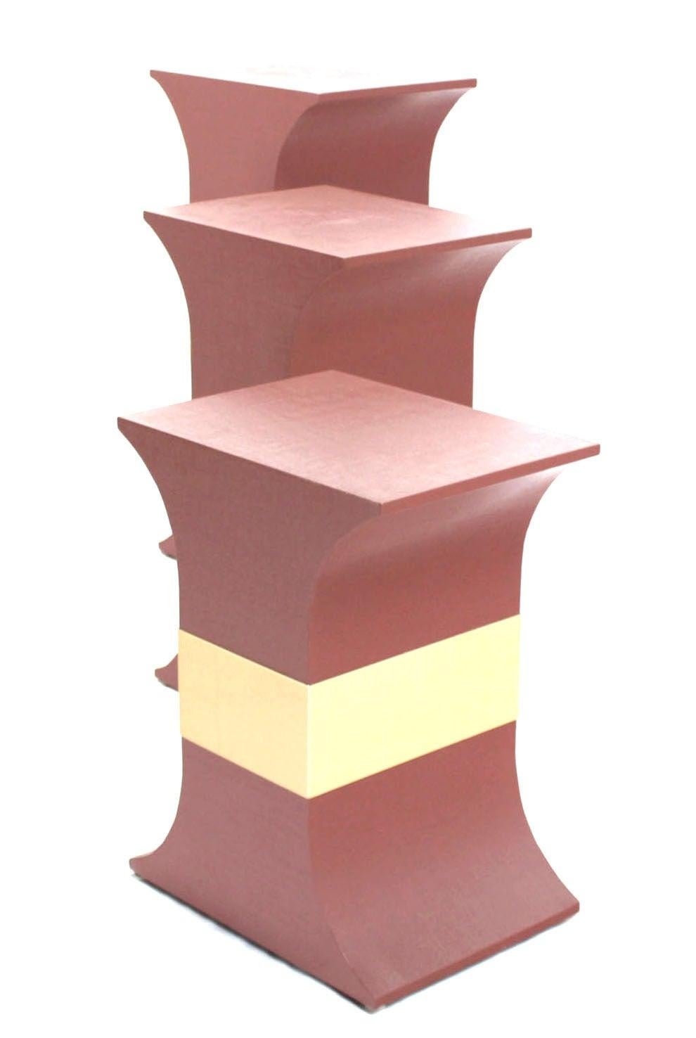 EstablishedLines Grasscloth Wrapped Three Mid Century Modern Pink Lacquer Brass Trim Pedestals