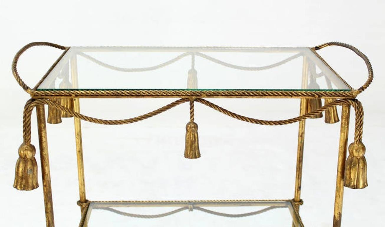 EstablishedLines Midcentury Italian Gold Gilt Metal Rope and Tassels Glass Top Bar Tea Cart Wheel