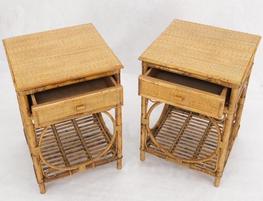 Pair of Bamboo Rattan One Drawer Cane Woven Top Side End Table Nightstands