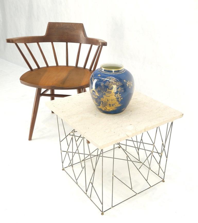 Travertine Top Wire Base Square Side End Table Stand Mid-Century Modern MINT!