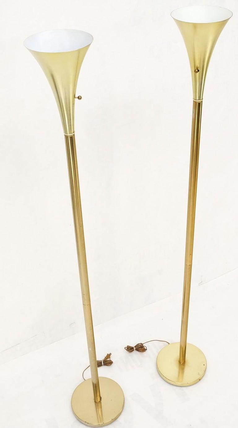 Pair of Mid Century Modern Brass Trumpet Shape Floor Lamps Torcheres