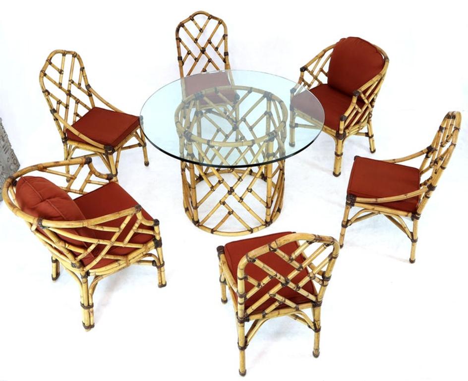 McGuire 7  Pieces Bamboo Dining Set Round Glass Top Table Two Arm Chairs Leather