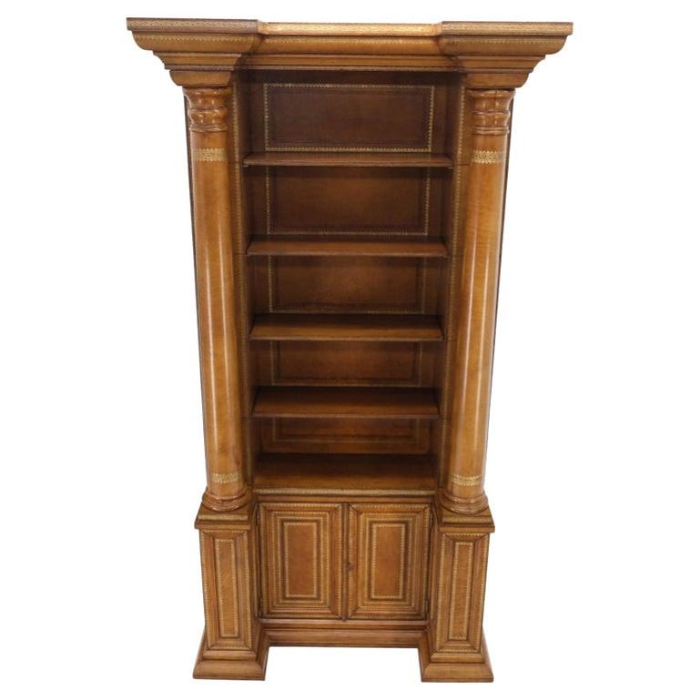 All Wrapped in Tooled Leather Massive Decorative Columns 2 Part Bookcase Hutch