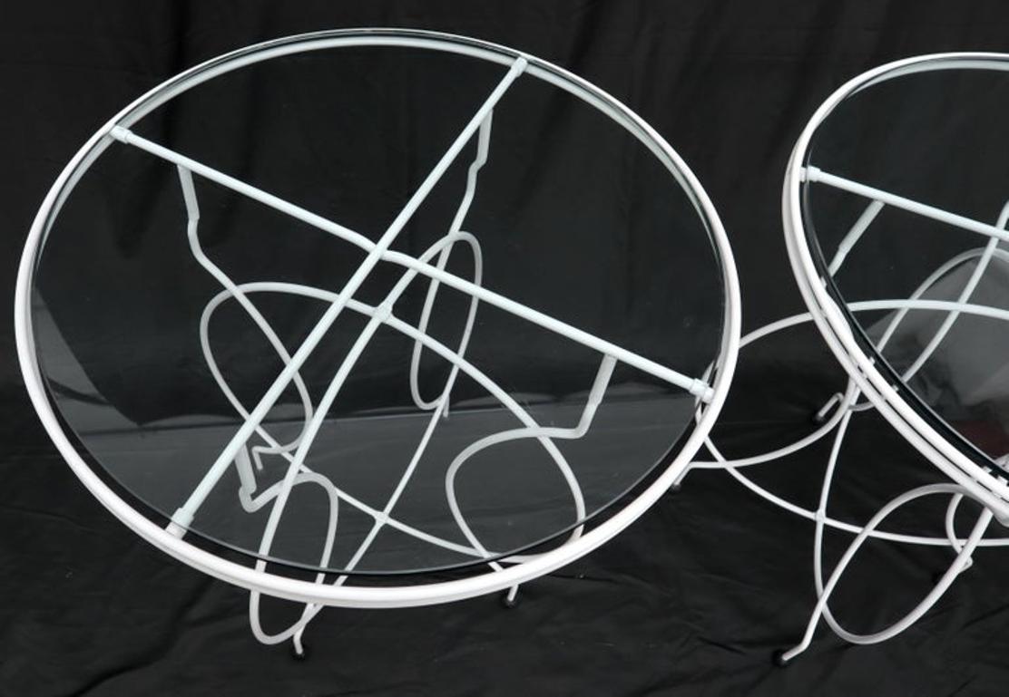Pair of Midcentury Ice Cream Style Round Folding Cafe Tables Glass Tops