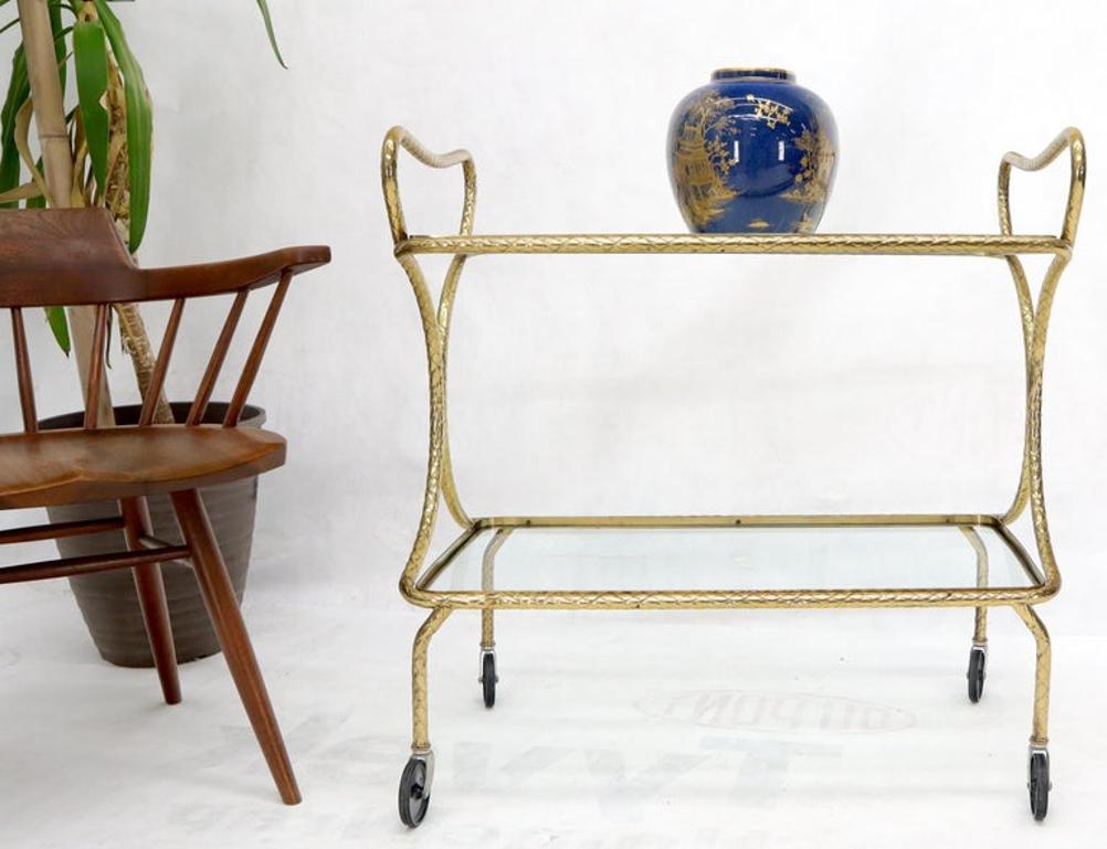 Italian Bent Textured Brass Tube Frame Glass Top Serving Cart on Wheels