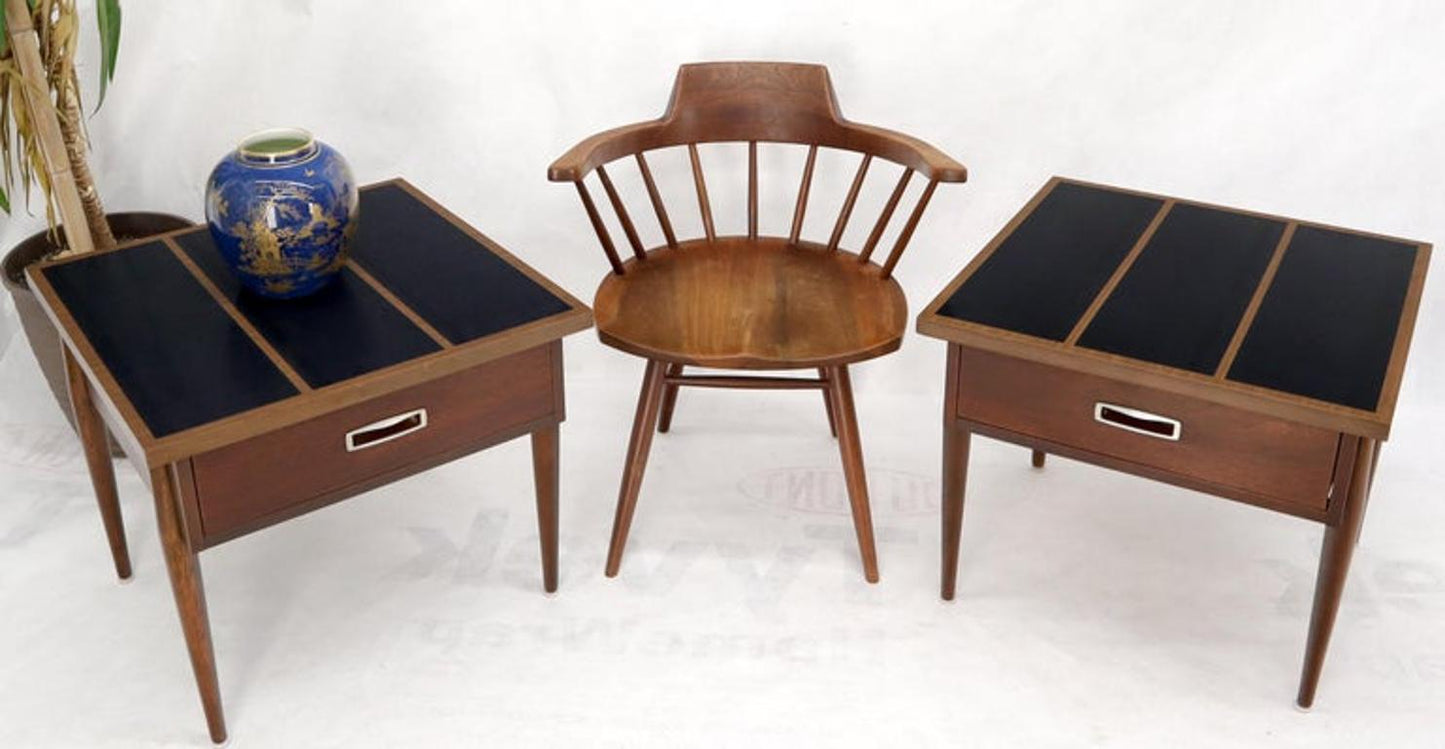 Pair of Walnut One-Drawer Side End Tables with Laminated Tops Tapered Legs