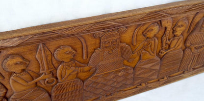 Carved Solid Teak Long Rectangle Wall Plaque Relief Sculpture Depicting Villager