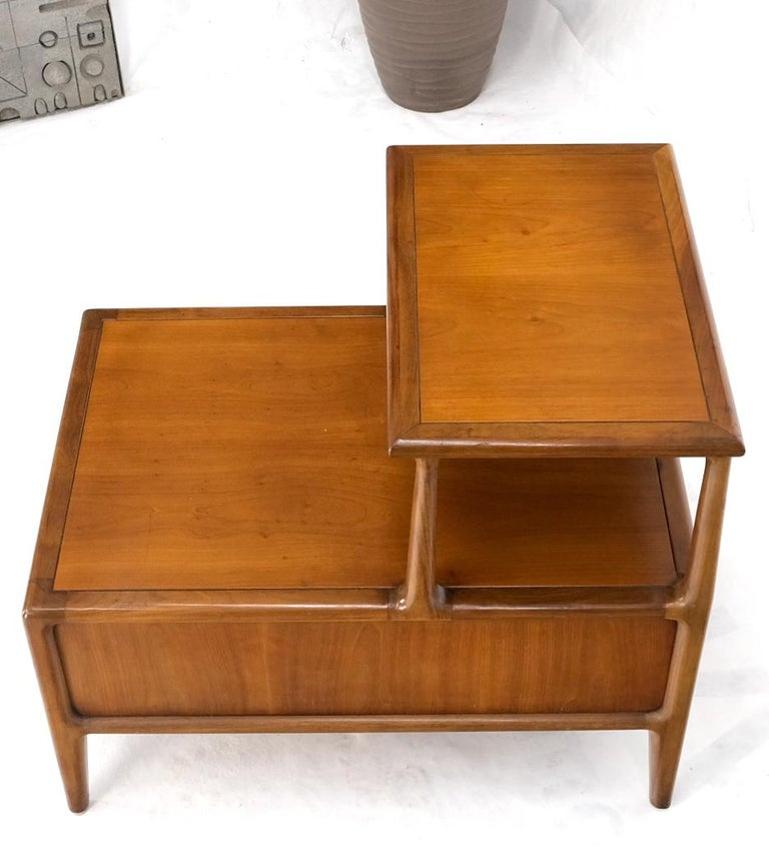 Henredon Solid Walnut Sculptural Two Tier One Drawer Step Side Table