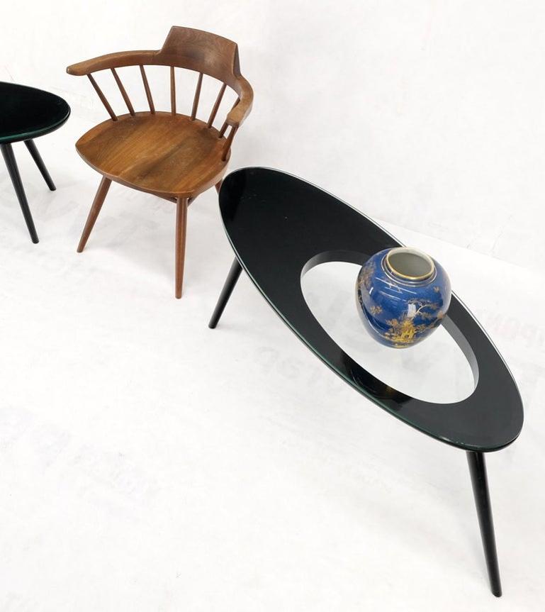 Pair Glass Top Black Lacquer Oval Pierced Shape Solid Tops End Side Tables Stand