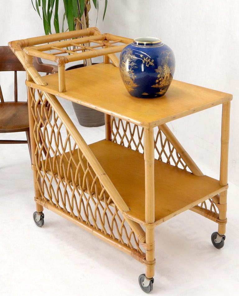 Mid century modern rattan and bamboo serving bar cart w/ bottles holder.