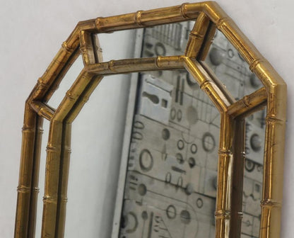 Rectangle Hexagon Shape Gold Finish Gilt Faux Bamboo Wall Mirror