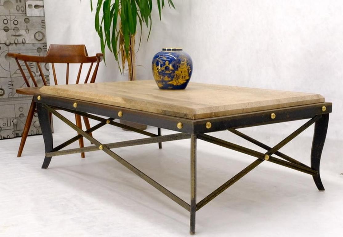 Steel Metal Forged X Base Travertine Top Rectangle Coffee Table w/ Brass Studs