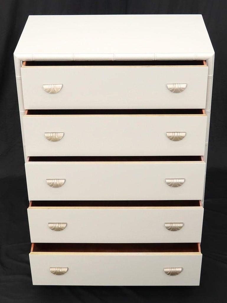 Faux bamboo off white lacquer scallop shape art deco pulls high chest dresser.