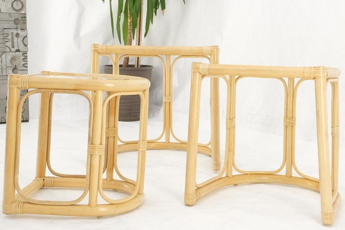 Bent Reed Bamboo Rattan Set of Three Stacking End Side Occasional Tables Stands