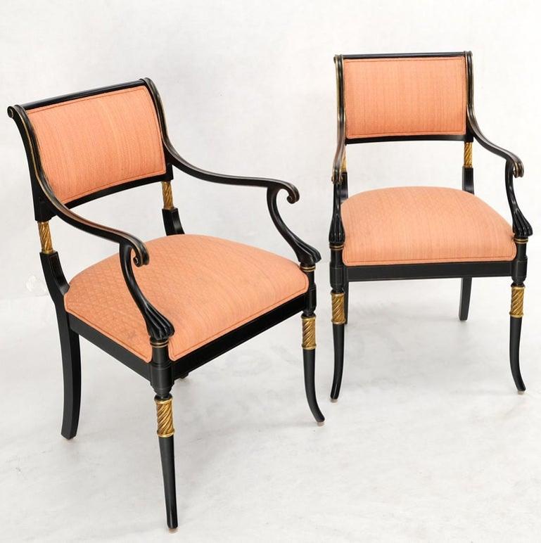 Pair Regency Ebonized Gilt Craved Fireside Dining Arm Chairs Horn Shape Leg
