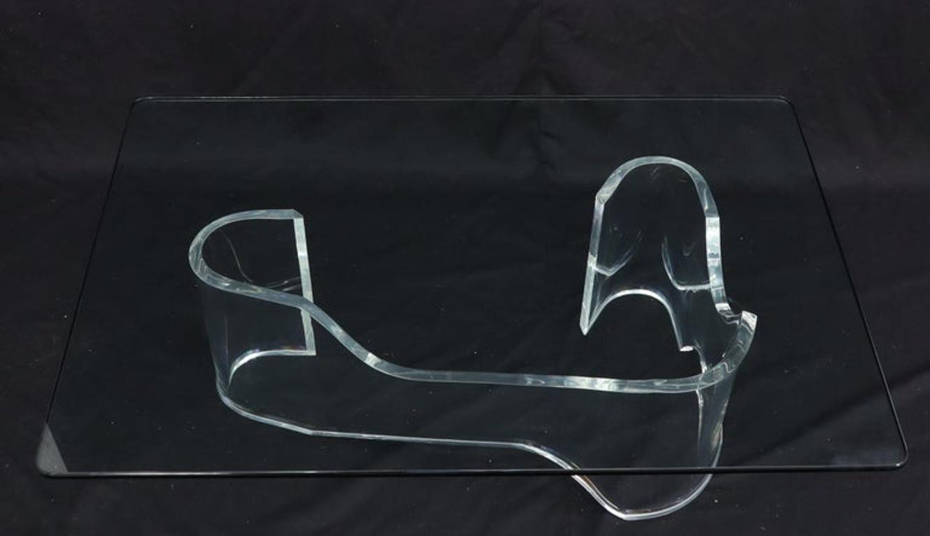 Thick Bent Lucite Organic Shape Base Rectangle Glass top Coffee Table