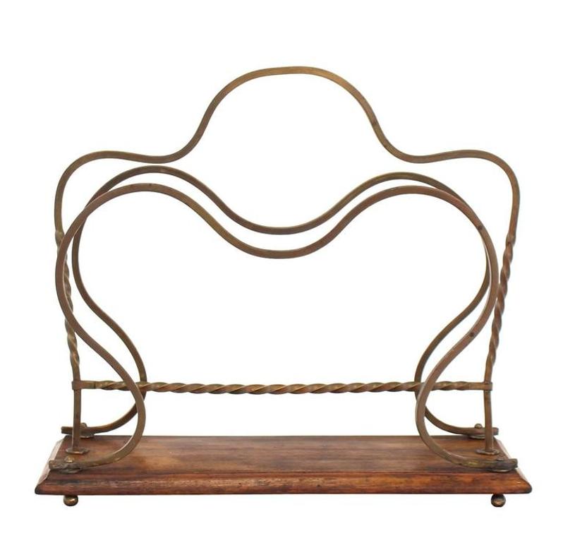 Arts and Crafts Twisted Brass and Wood Magazine Rack