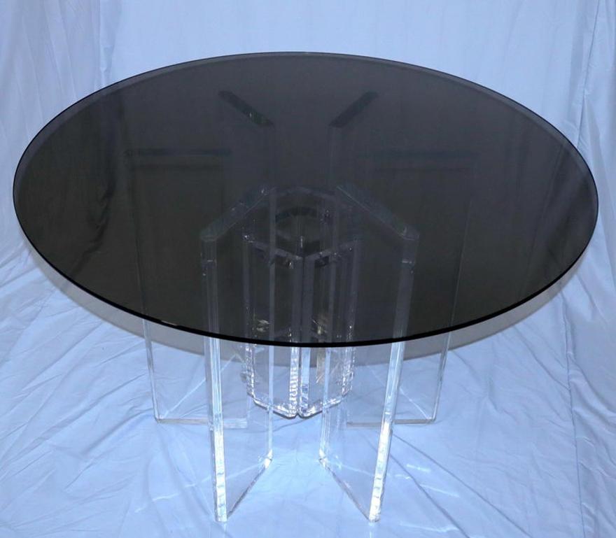 Heavy Massive Lucite Base Round Bronze Smoked Glass Top Dining Conference Table