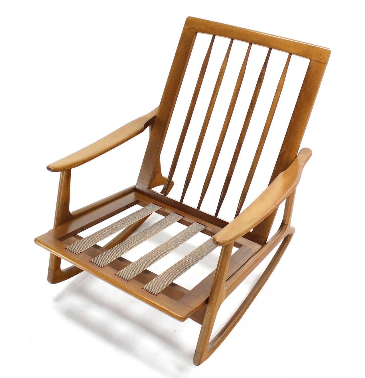 EstablishedLines Blond Wood Danish Modern Slated Back Rocking Lounge Chair New Upholstery MINT