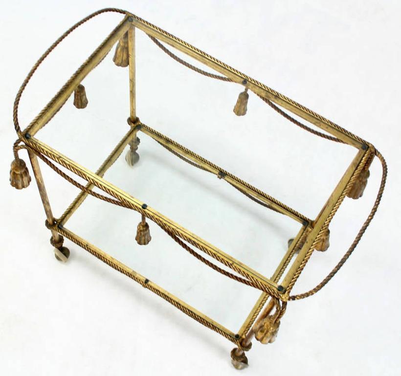 EstablishedLines Midcentury Italian Gold Gilt Metal Rope and Tassels Glass Top Bar Tea Cart Wheel