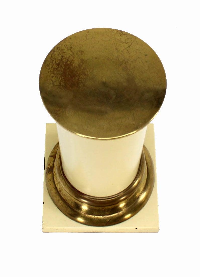 EstablishedLines Pair Brass and White Beige Lacquered Wood Round Pedestals Table Bases Stands