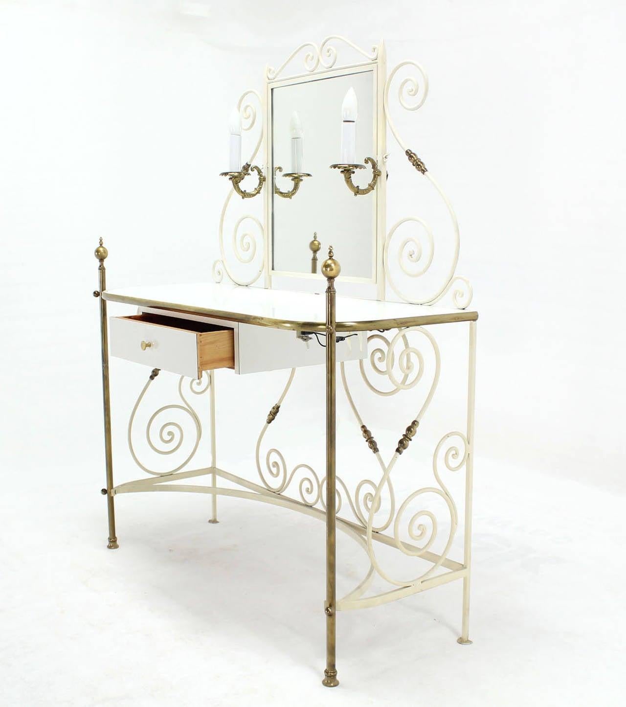 EstablishedLines Decorative Vanity Dressing Table Milk Glass Top Metal Scroll Brass Hardware