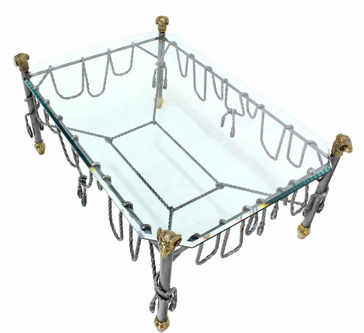 EstablishedLines Ornate Wrought Iron Brass Ram Head Motive Glass Top Rectangle Coffee Table