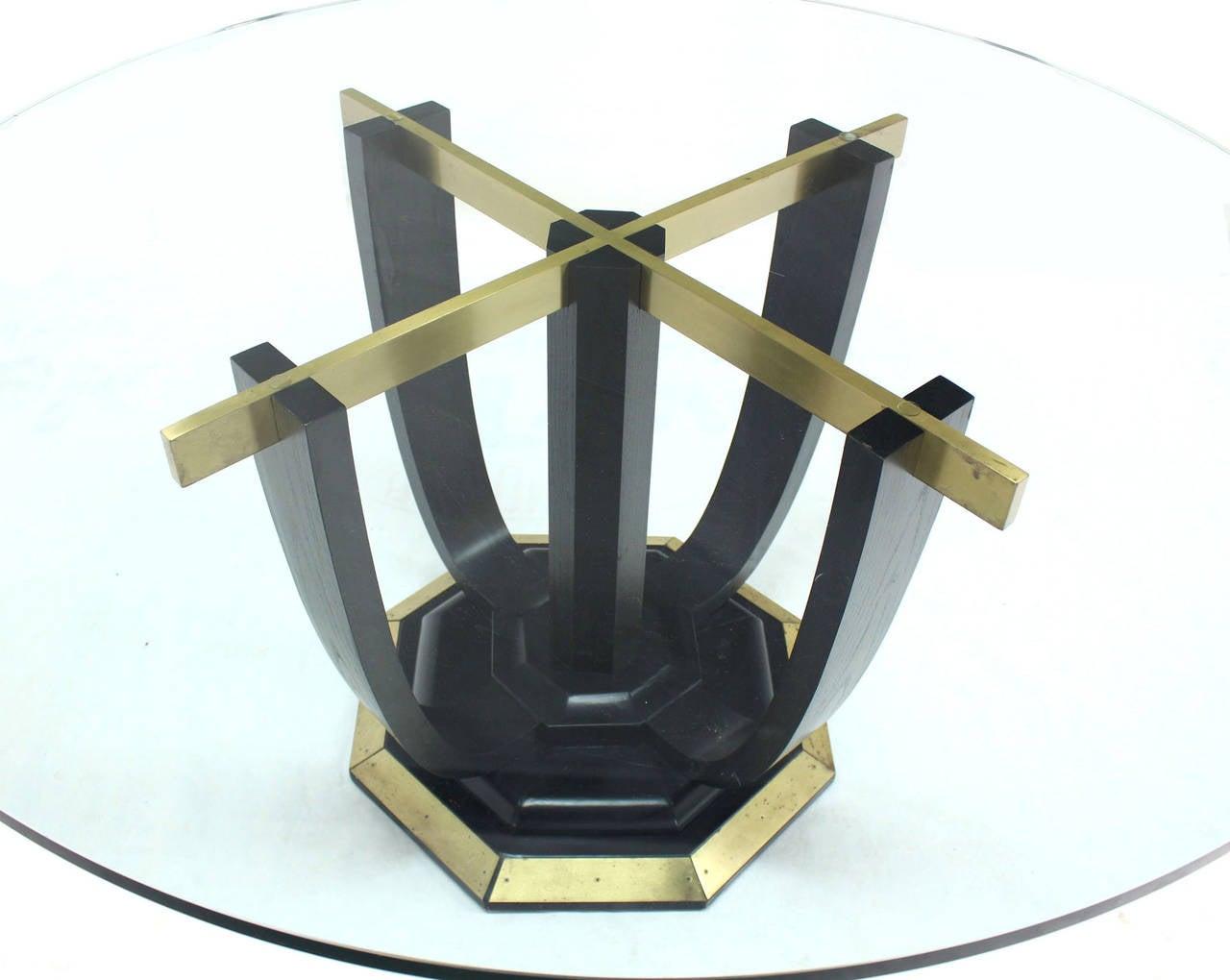 EstablishedLines Large Round Glass Top Figural Black Lacquer Bent Wood Brass Base Dining Table