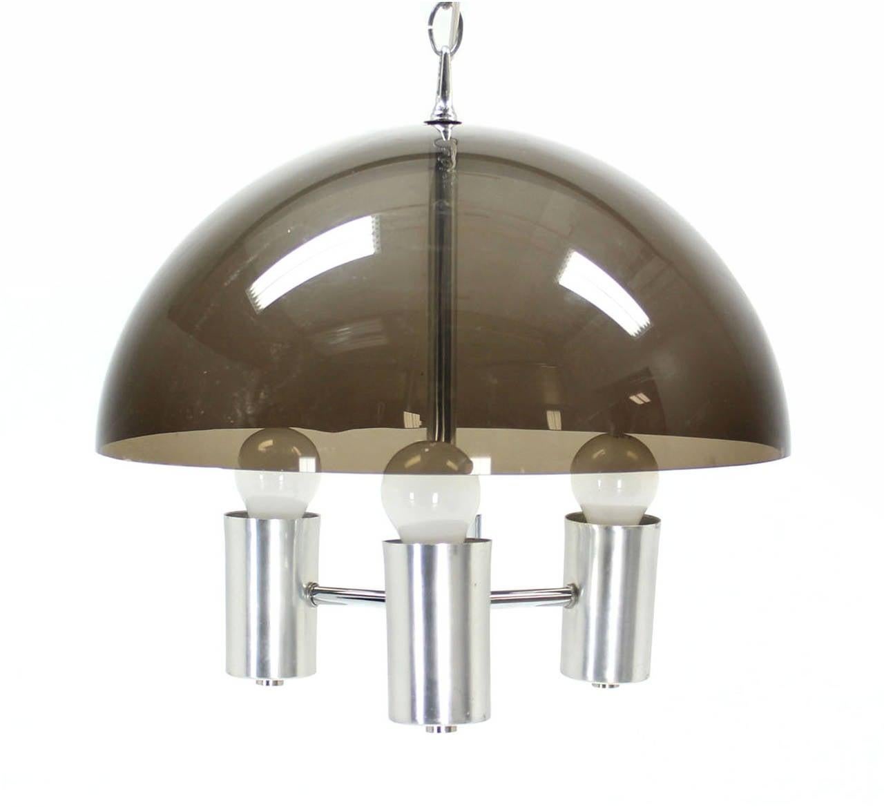 EstablishedLines Smoked Lucite Dome Shape Shade Chrome Mid Century Modern 3 Bulb Light Fixture