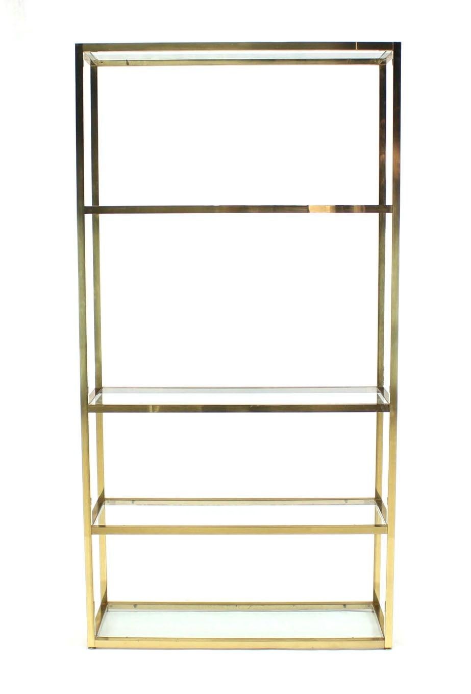 EstablishedLines Solid Square Brass Tube Five Glass Shelves Etagere Display Fixture Vitrine