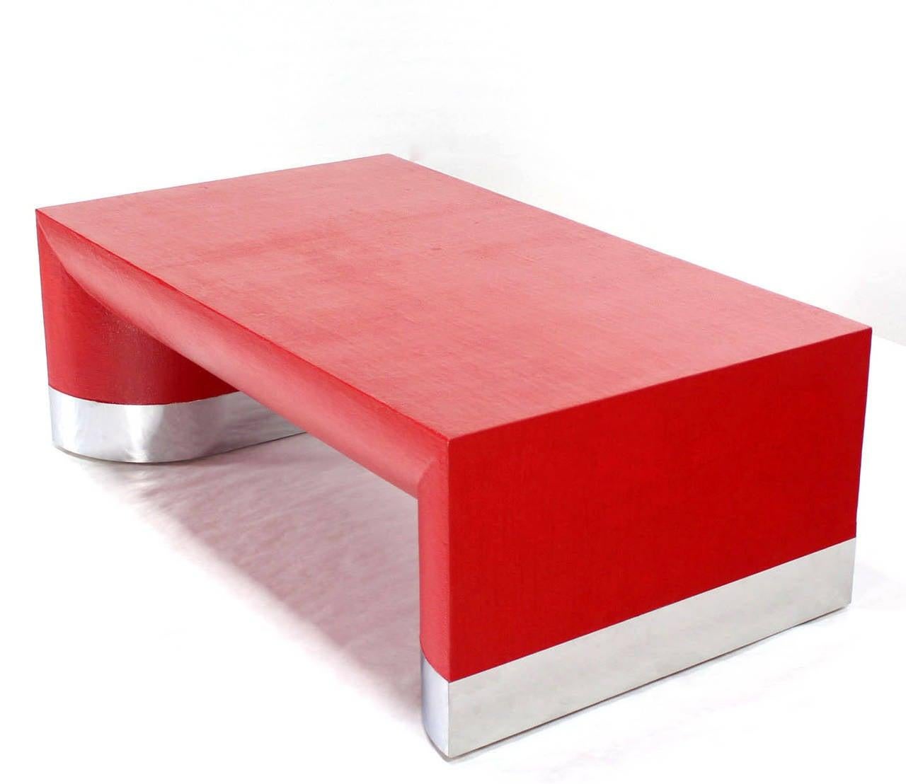 EstablishedLines Large Rectangle Grass Cloth Mid Century Modern Coffee Table in Fire Red MINT!