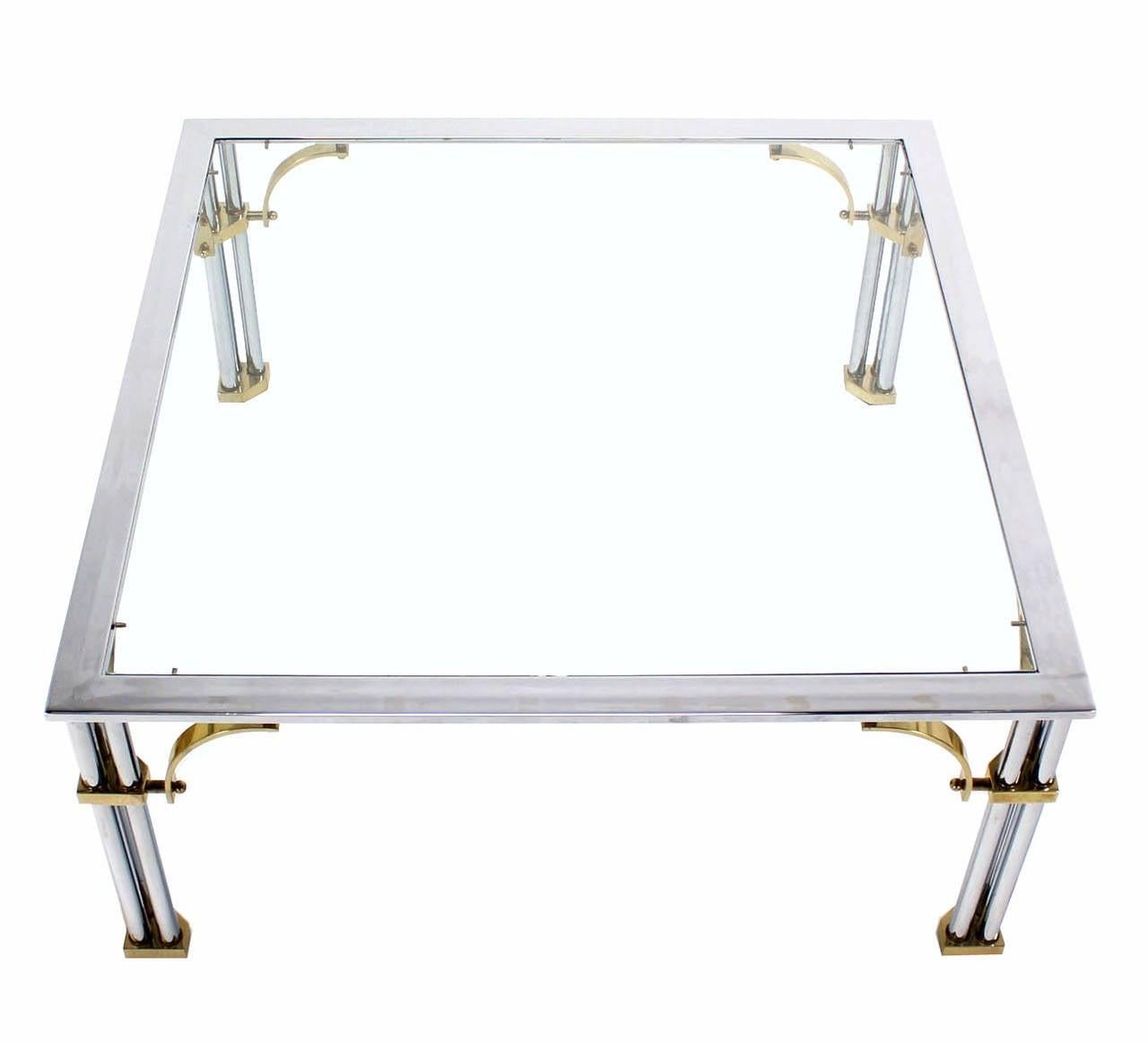 EstablishedLines Italian Mid Century Modern Brass Chrome Glass Top Square Coffee Table MINT