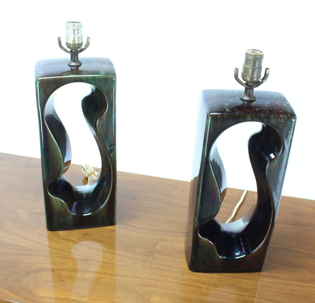 EstablishedLines Pierced Cube Shape Glazed to High Gloss Pottery Table Lamps MINT!