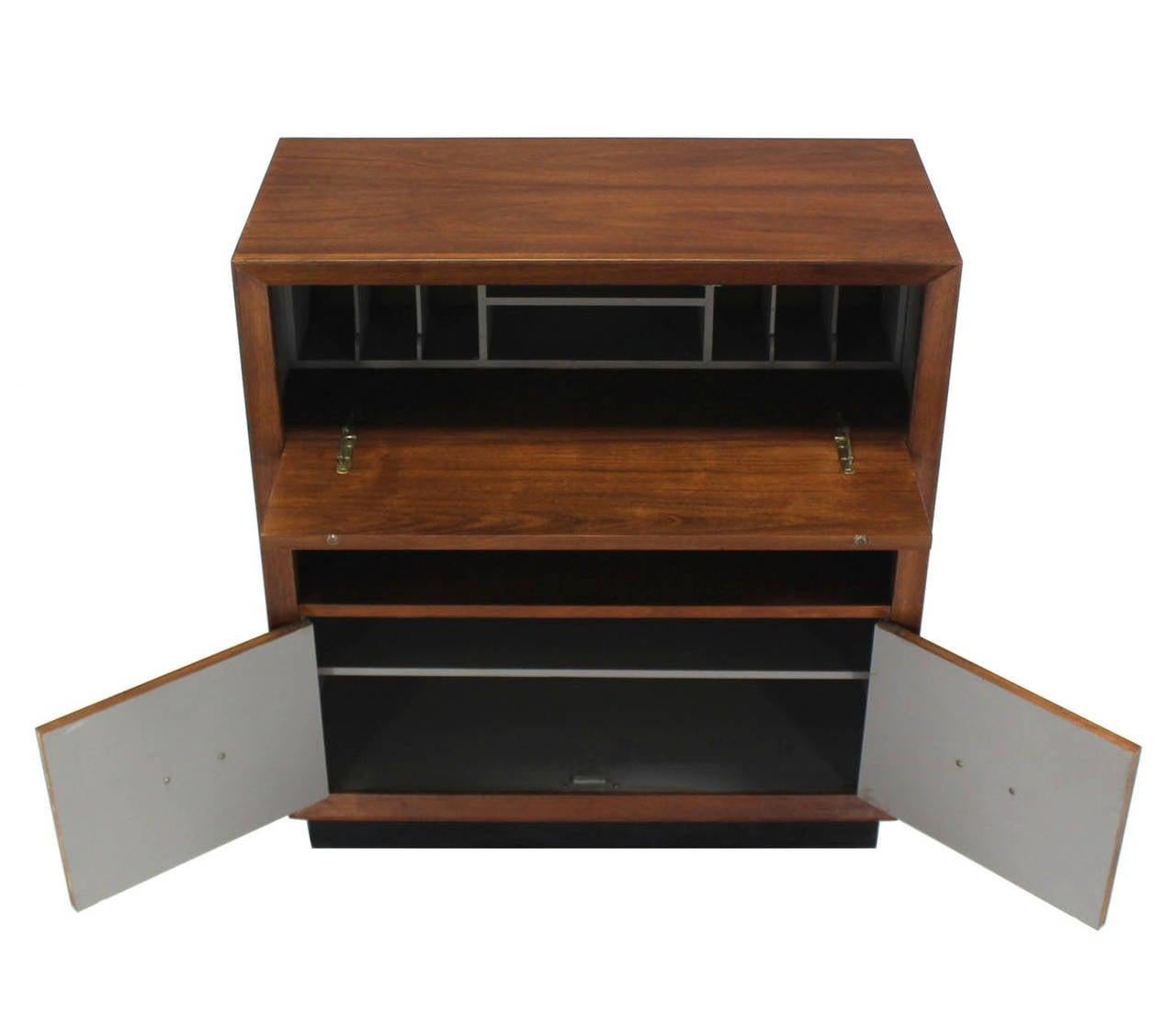 EstablishedLines Oiled Medium Walnut Mid Century Modern Art Deco Drop Down Desk Secretary Cabinet