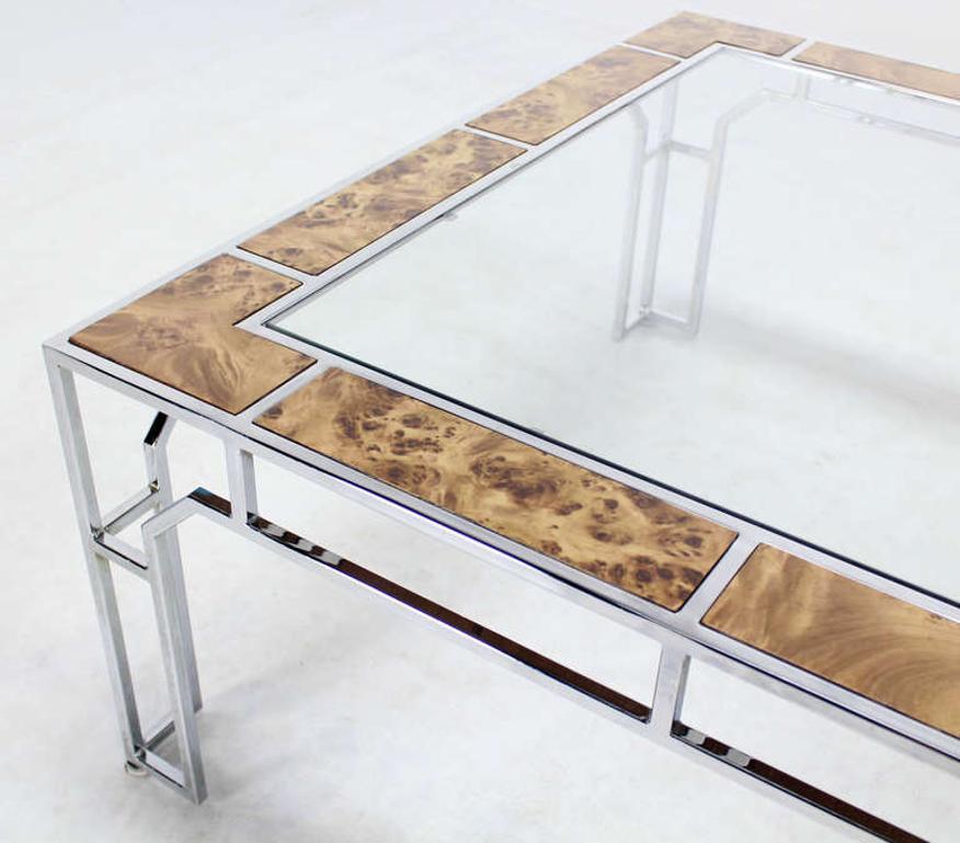 Mid Century Modern Chrome Glass Top Square Coffee Table w Burl Wood Inserts MINT