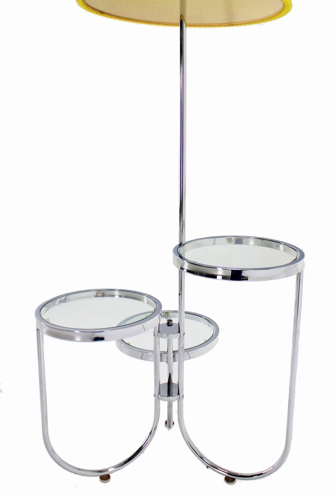 Mid Century Modern Chrome Base Floor Lamp w/ Three Circular Built Stand Tables