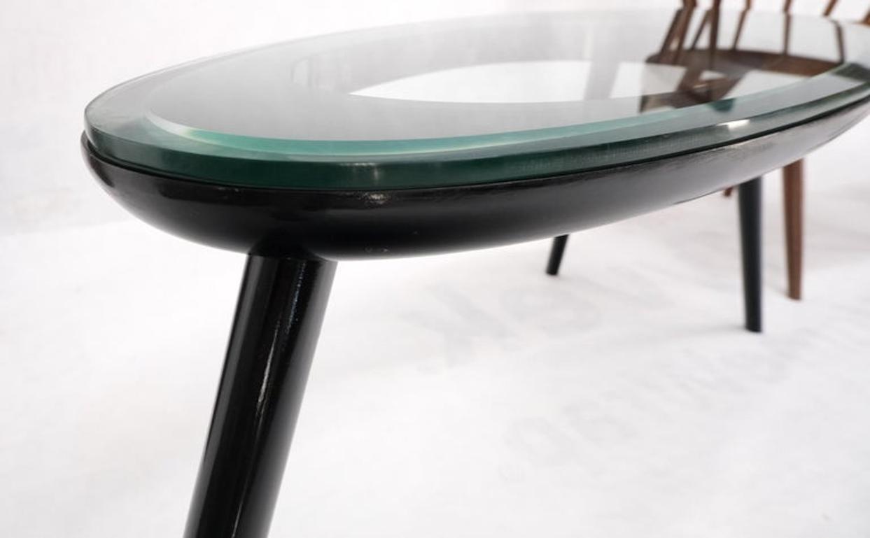 Pair Glass Top Black Lacquer Oval Pierced Shape Solid Tops End Side Tables Stand