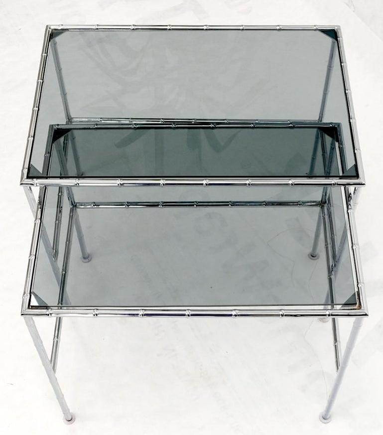 Pair of Chrome Faux Bamboo Smoked Glass Tops Nesting Tables