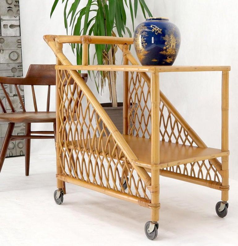 Mid century modern rattan and bamboo serving bar cart w/ bottles holder.