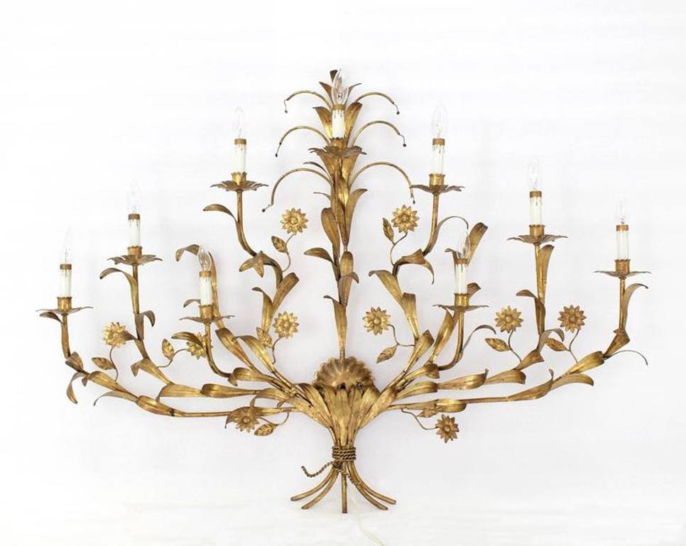 Gilded Metal Leaf and Flower Wall Sconce Light Fixture