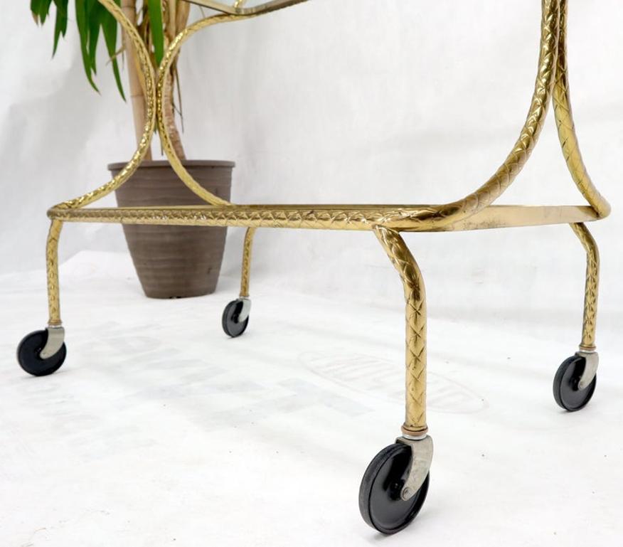 Italian Bent Textured Brass Tube Frame Glass Top Serving Cart on Wheels