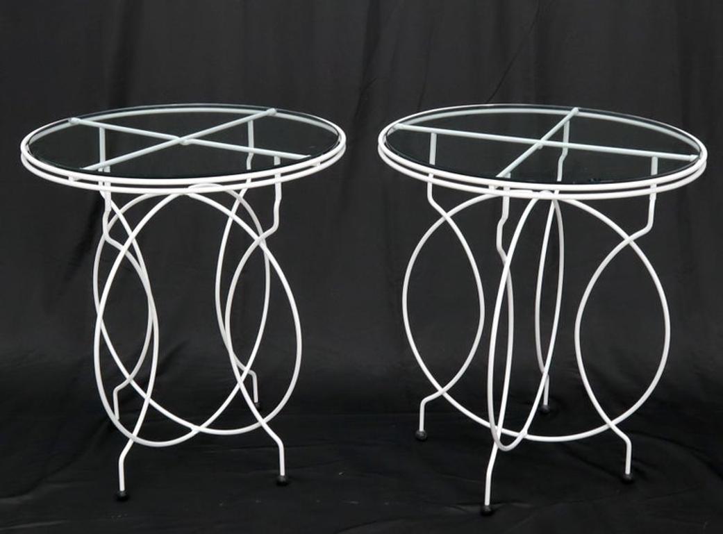 Pair of Midcentury Ice Cream Style Round Folding Cafe Tables Glass Tops