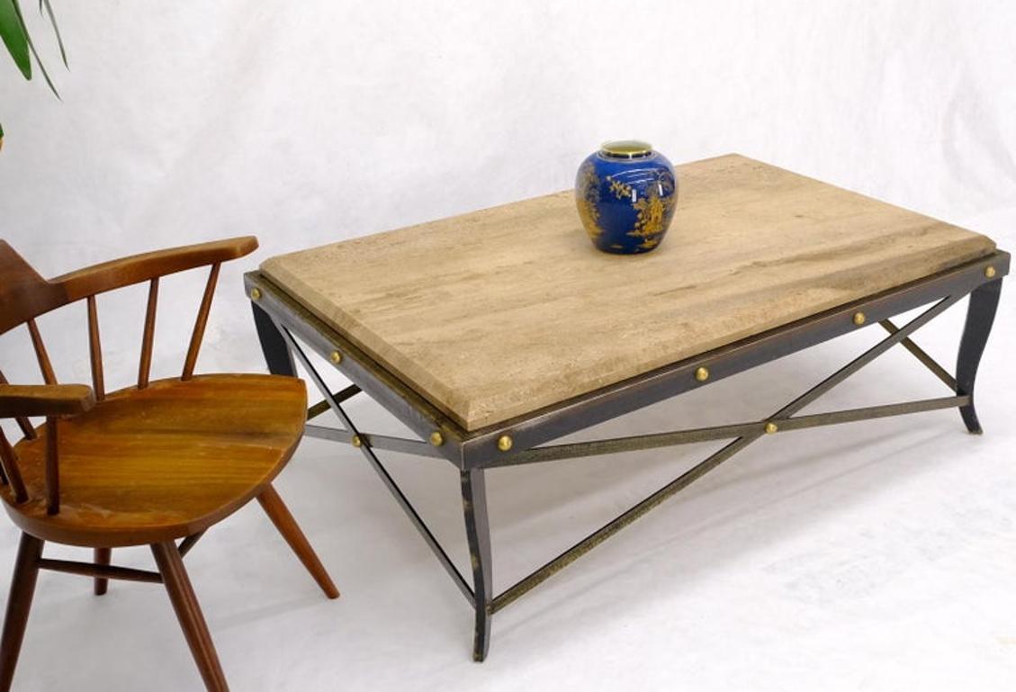 Steel Metal Forged X Base Travertine Top Rectangle Coffee Table w/ Brass Studs