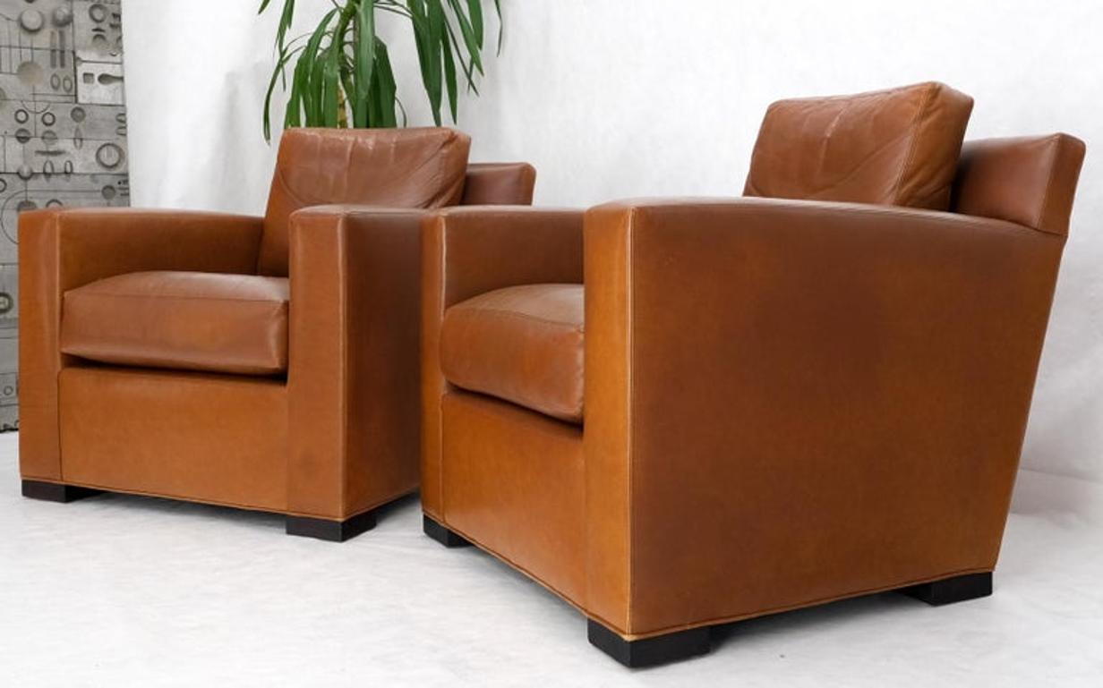 Pair of Brown Tan Leather Lounge Chairs by Coach