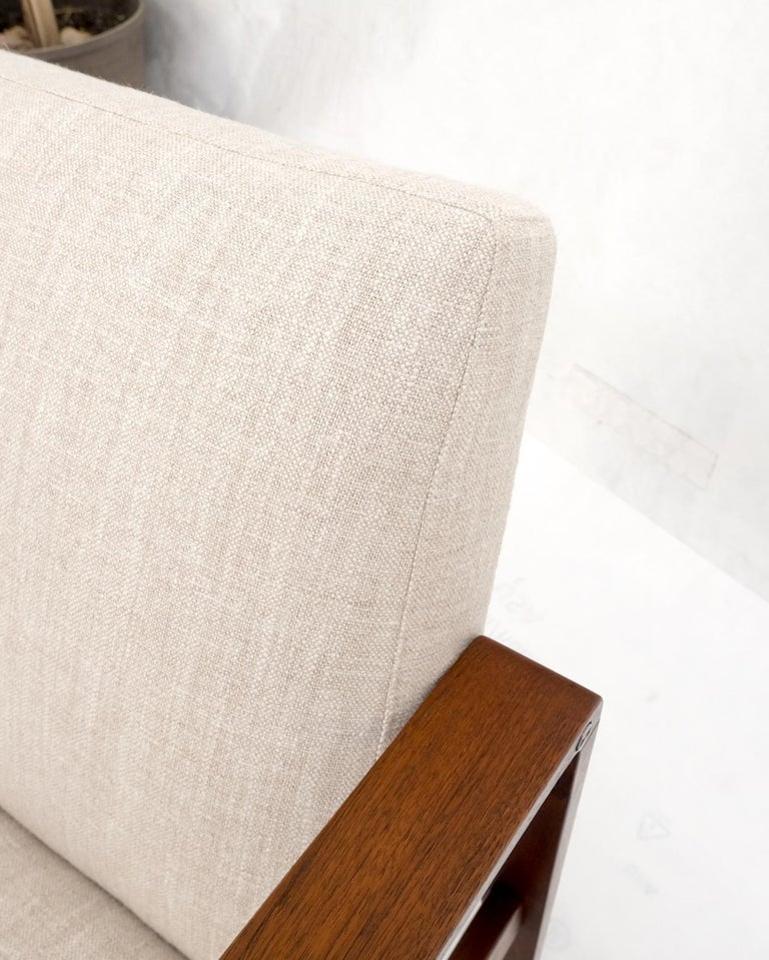 Pair Restored New Oatmeal Upholstery Teak Mid-Century Modern Lounge Arm Chairs