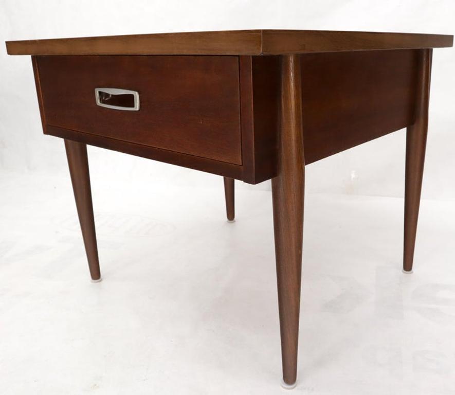 Pair of Walnut One-Drawer Side End Tables with Laminated Tops Tapered Legs