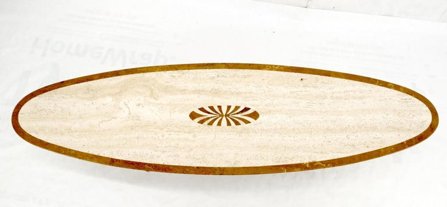 Mid Century Modern Long Oval Inlaid Travertine Brass Base Coffee Table MINT!
