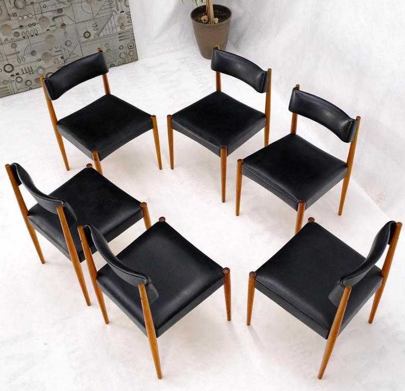 Set of 6 Danish Teak Mid Century Modern Dining Chairs in Black Upholstery