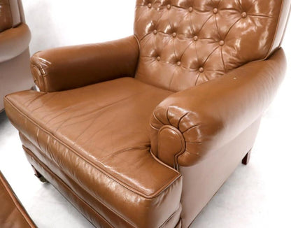 Pair of Chesterfield Style Leather Chairs W/ Ottomans Brown to Tan