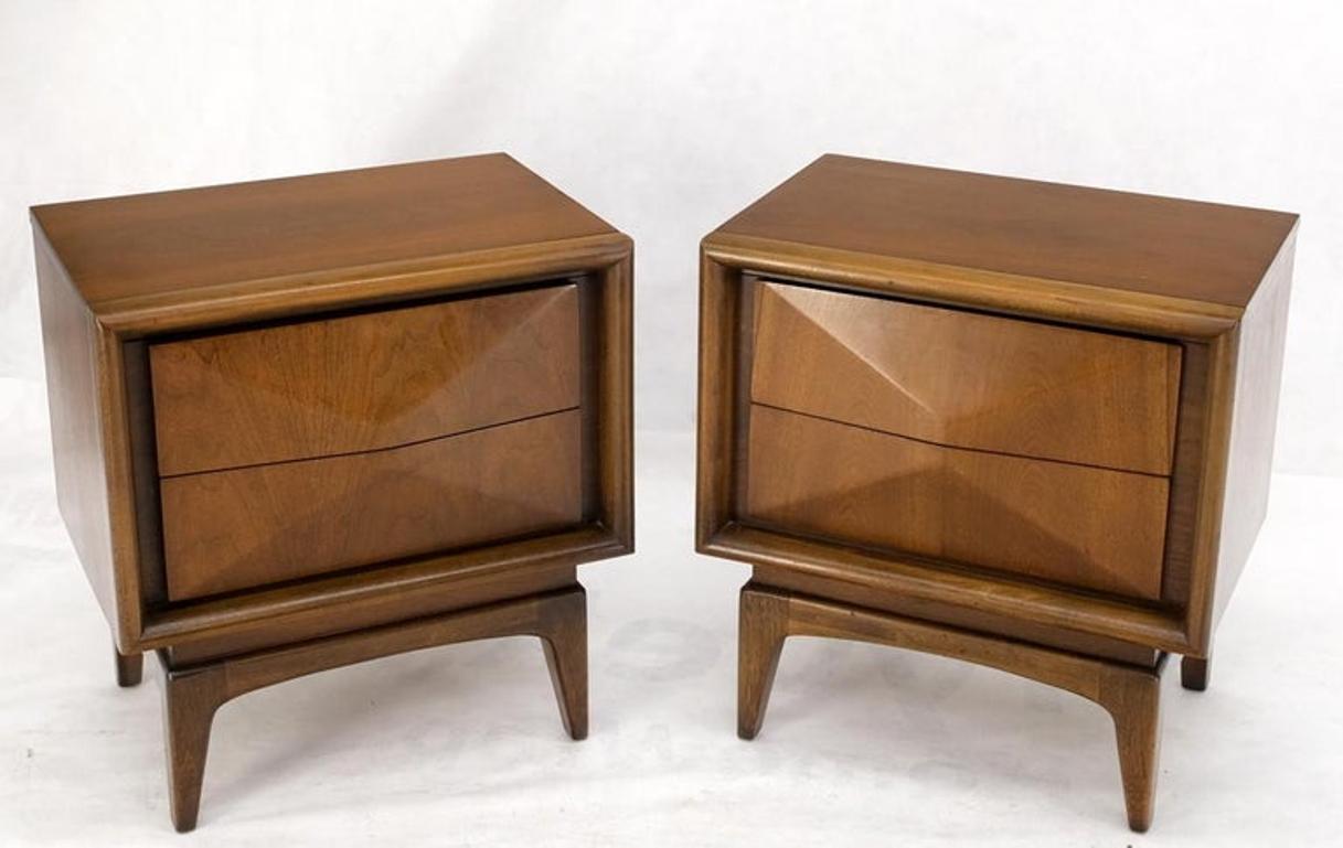 Pair Mid-Century Modern Dimond Front Drawers End Tables Nightstands Stands